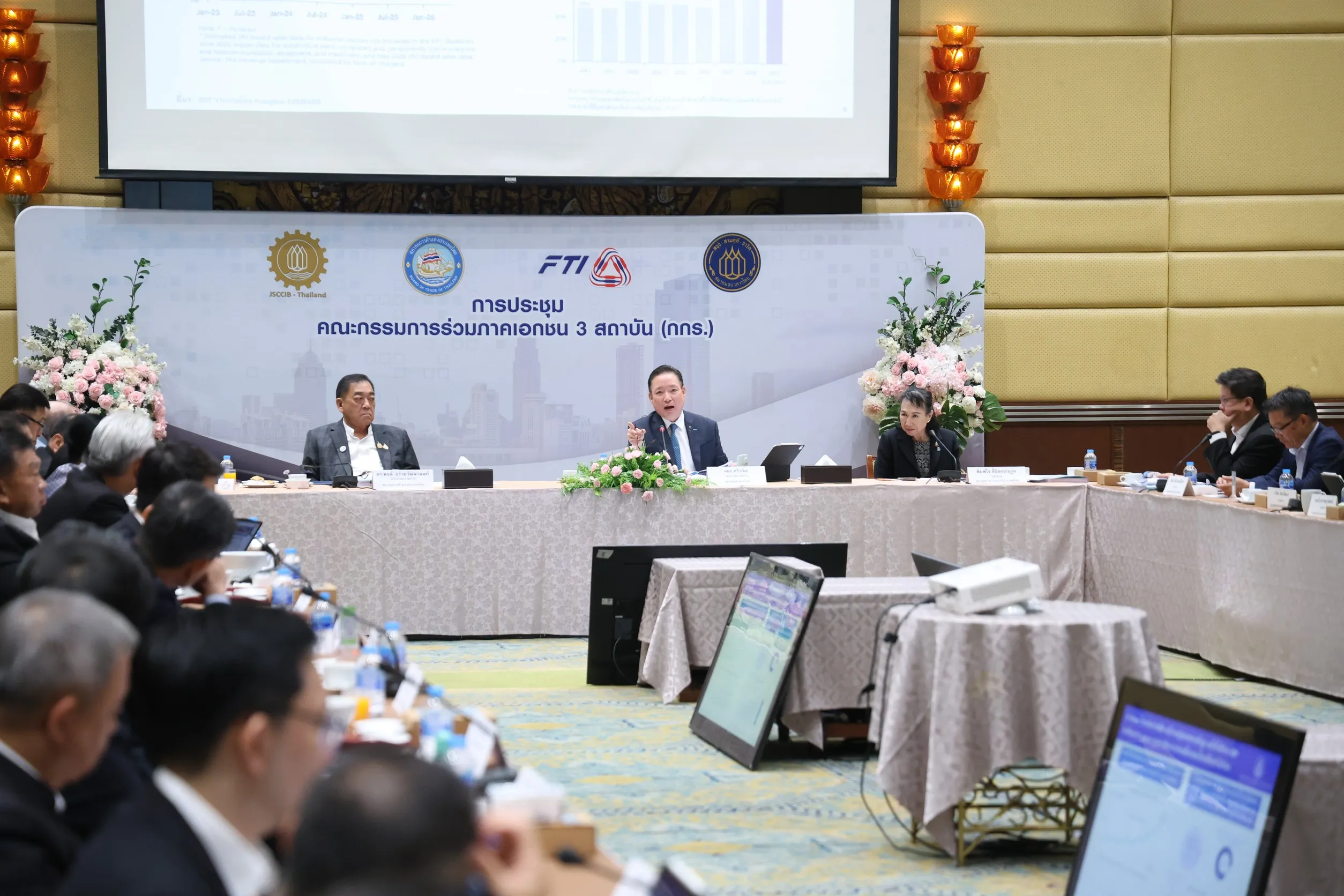 ภาพการประชุมคณะกรรมการร่วมภาคเอกชน 3 สถาบัน (กกร.) ที่มีผู้บริหารนั่งประชุมบนโต๊ะยาวพร้อมจอภาพนำเสนอข้อมูลกราฟเศรษฐกิจด้านหลัง เพื่อหารือปรับคาดการณ์ GDP ไทยปี 2569 และแนวโน้มการส่งออก