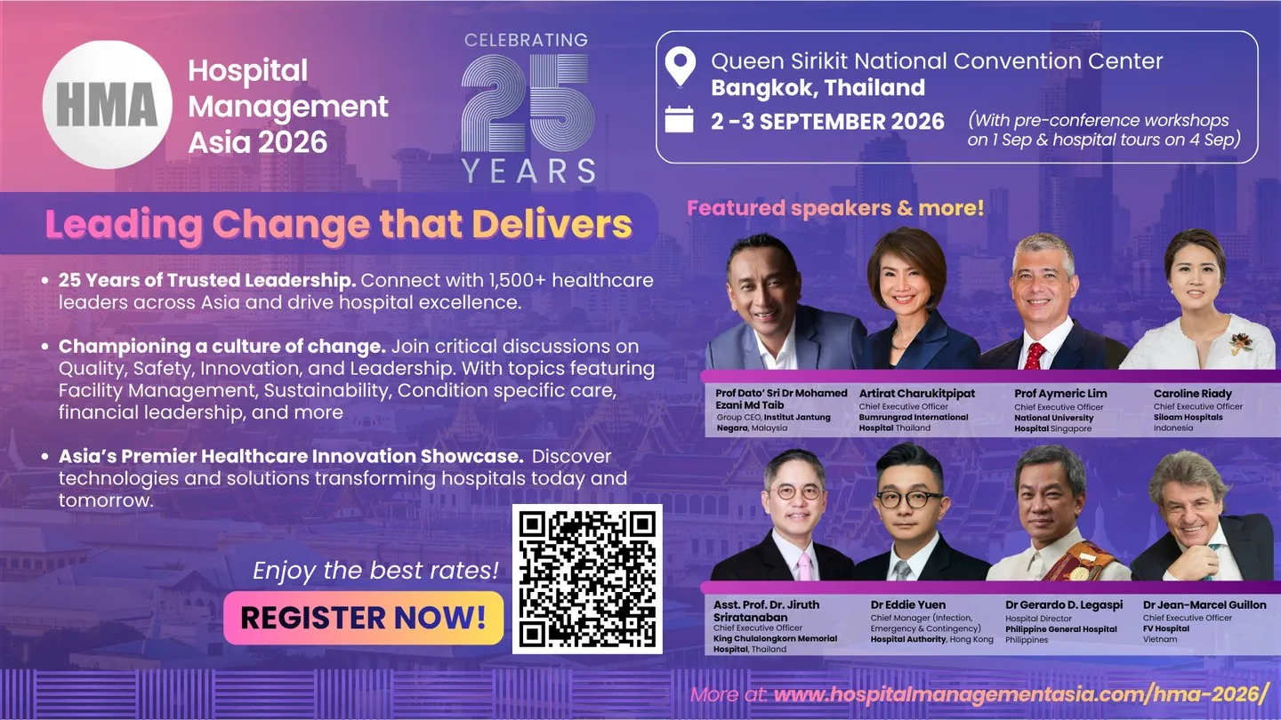 โปสเตอร์ประชาสัมพันธ์งาน Hospital Management Asia 2026 ฉลองครบรอบ 25 ปี จัดขึ้นที่ศูนย์การประชุมแห่งชาติสิริกิติ์ กรุงเทพมหานคร ระหว่างวันที่ 2-3 กันยายน 2026 พร้อมภาพวิทยากรผู้บริหารโรงพยาบาลชั้นนำจากประเทศต่างๆ ในเอเชียและคิวอาร์โค้ดสำหรับ