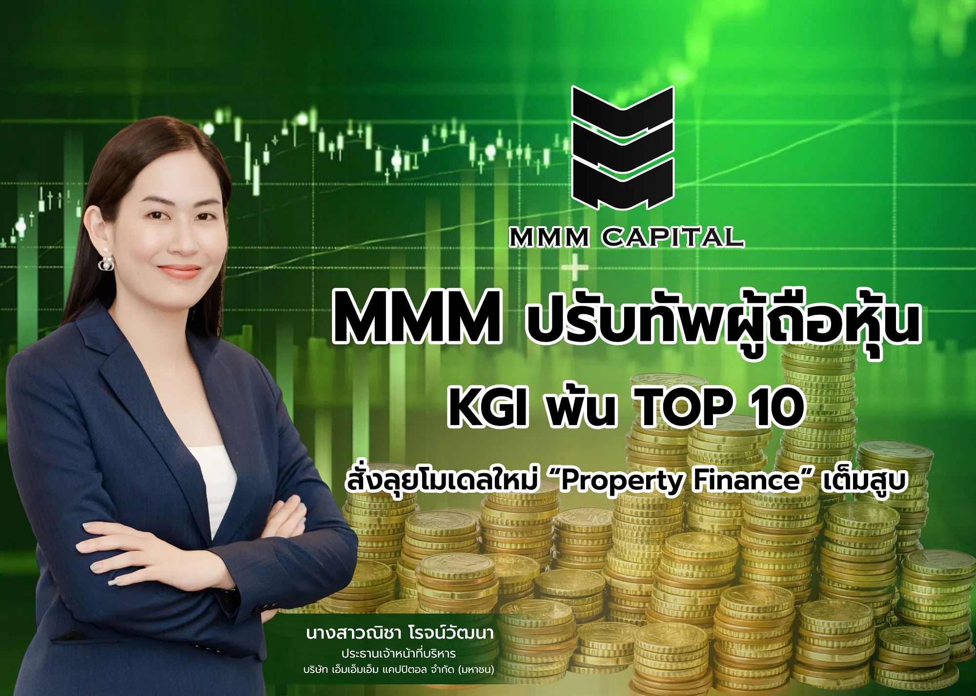 ภาพประกอบข่าว MMM Capital นางสาวณิชา โรจน์วัฒนา ประธานเจ้าหน้าที่บริหาร ยืนกอดอกยิ้มในชุดสูทสีกรมท่า พร้อมโลโก้บริษัทและข้อความ "MMM ปรับทัพผู้ถือหุ้น KGI พ้น TOP 10 สั่งลุยโมเดลใหม่ Property Finance เต็มสูบ" บนพื้นหลังกราฟหุ้นสีเขียวและเ