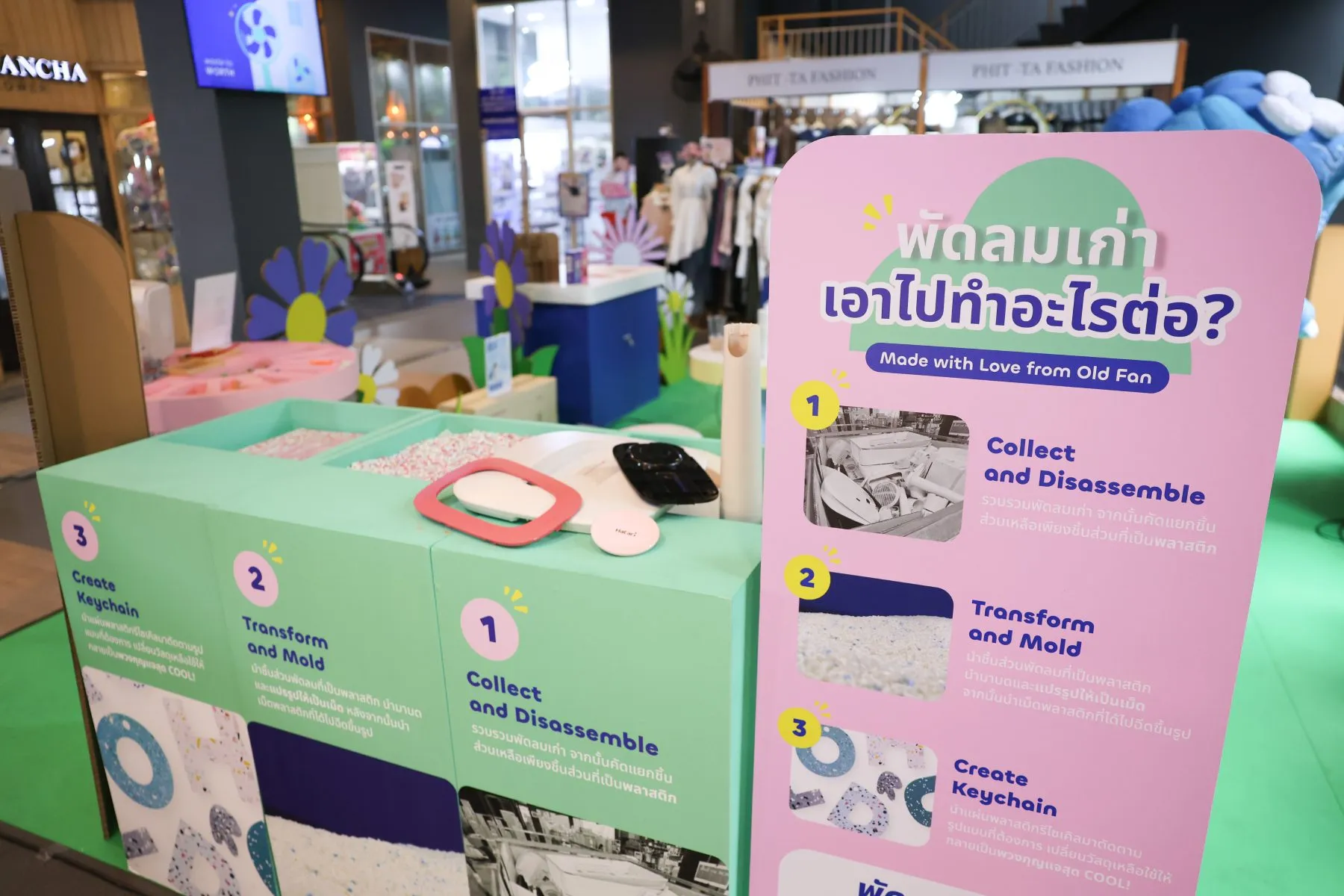 บูธนิทรรศการแสดงขั้นตอนการรีไซเคิลพัดลมเก่าเป็นพวงกุญแจพลาสติก พร้อมป้ายอธิบาย 3 ขั้นตอน คือ การเก็บรวบรวมและแยกชิ้นส่วน การแปรรูปเป็นเม็ดพลาสติก และการขึ้นรูปเป็นพวงกุญแจ ในแคมเปญ "บ้านนี้มีแฟนใหม่" ของฮาตาริและแสนสิริ