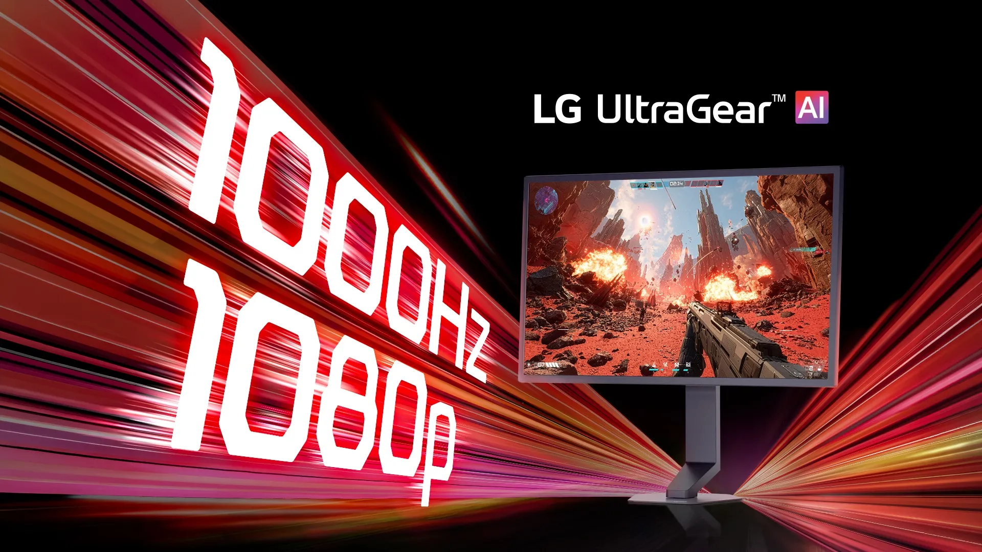 ภาพโฆษณาจอมอนิเตอร์เกมมิ่ง LG UltraGear AI แสดงหน้าจอที่กำลังเล่นเกมยิงปืนฉากระเบิดไฟ พร้อมตัวเลขเด่น 1000Hz และ 1080p บนพื้นหลังสีแดงสไตล์ลายเส้นความเร็ว